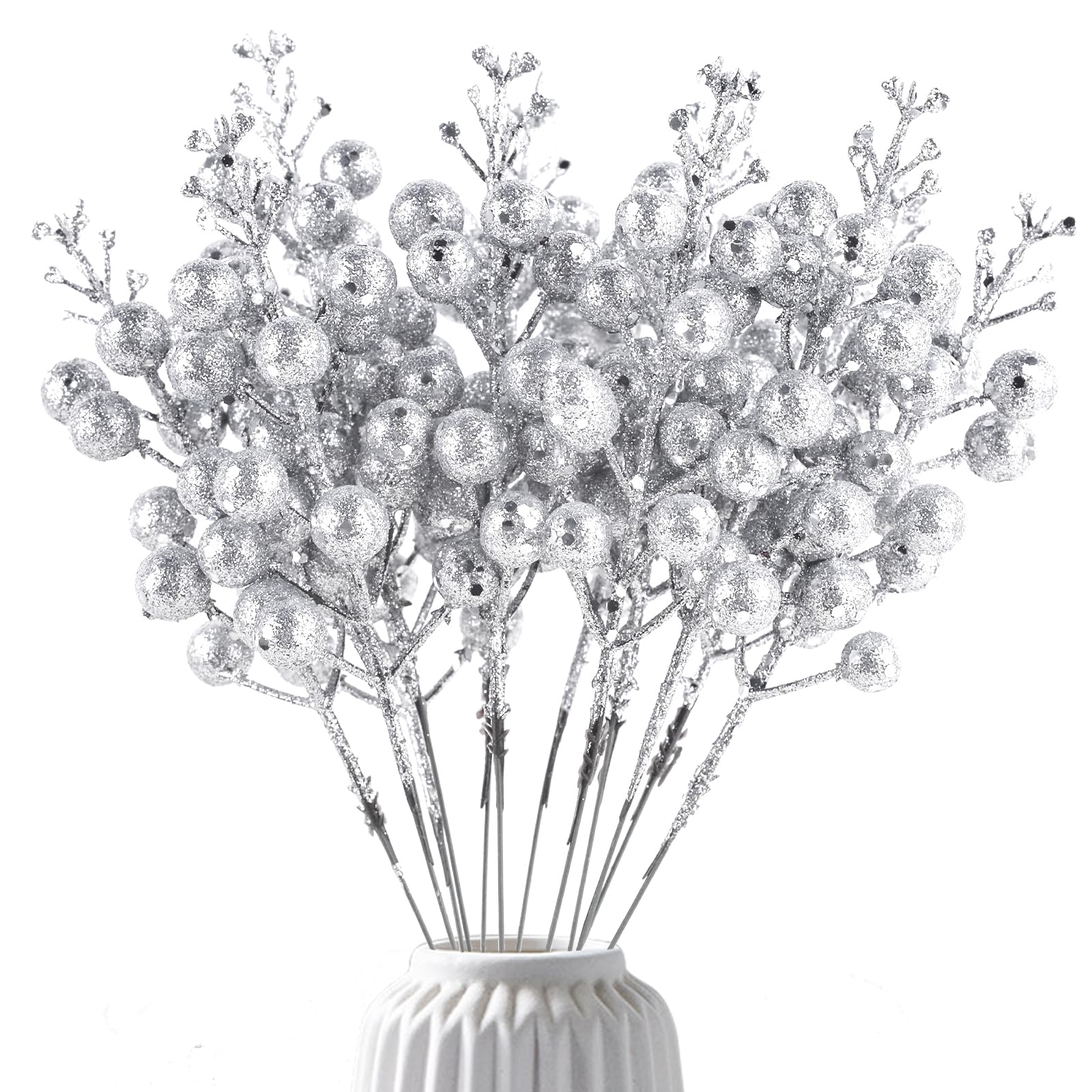 Photo 1 of 14Pcs Christmas Glitter Berries Stems Silver Christmas Tree Picks Stems 7.8 Inch Artificial Picks Fake Holly Winter Berry Branches for Christmas Tree Ornament DIY Crafts Wreath Holiday and Home Decor