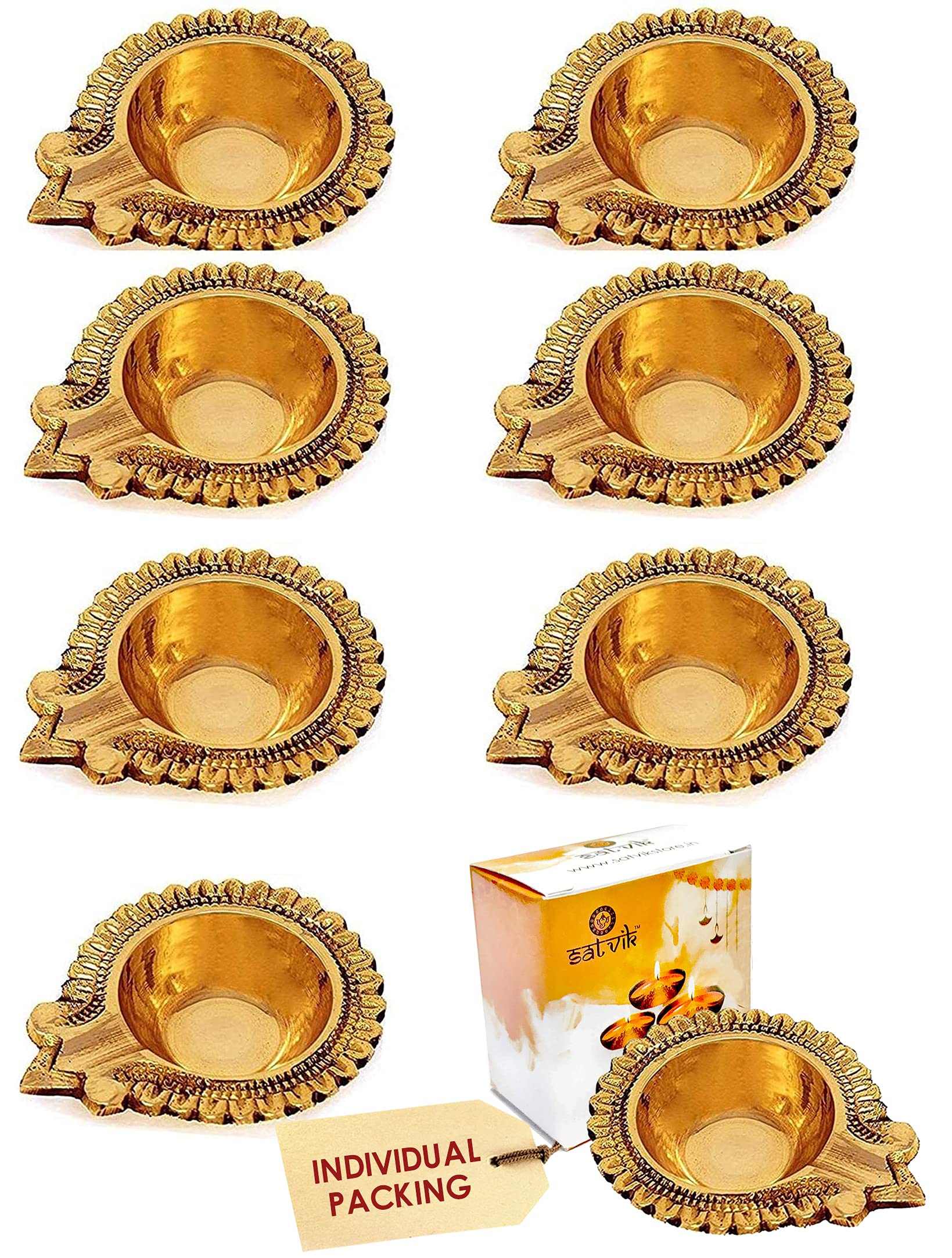Craftsman 8 Pc Set of Pure Virgin Brass Diwali Diya Indian Puja Oil Lamp Golden Engraved Design Deepawali Diya Tea Light Holder Diwali Christmas Decoration Traditional Oil Lamp Indian Gift