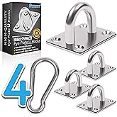 PAMAZY 4 PCS M6 Premium Heavy Duty Square Stainless Steel Pad Eye Hooks + 4PCS Snap Hooks and 16 PCS Screws with 16 PCS Plastic Expansion Tube, Ceiling Hooks Heavy Duty for Outdoor Indoor Activity