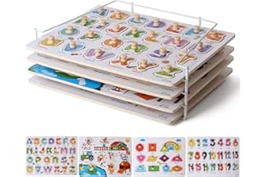 BEAUAM Wooden Peg Puzzles and Rack Set for Toddlers 2 3 4 Years Old, Alphabet ABC, Numbers, Shape and Farm Animals Learning Puzzles Board for Kids, Preschool Educational Activity Toys Gift for Boys Girls