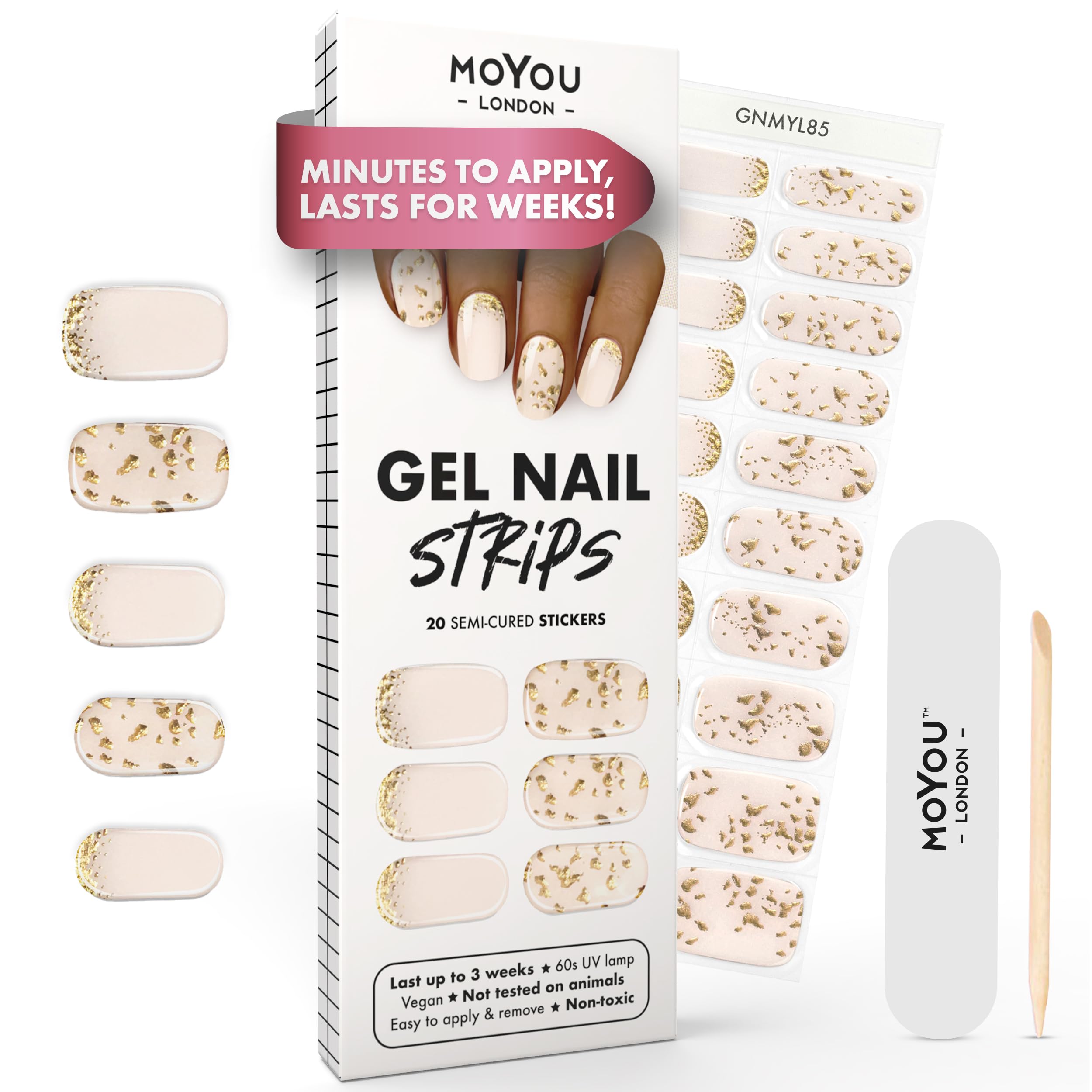 MOYOU LONDON Semi Cured Gel Nail Strips - 20 Pcs. Waterproof Gel Nail Wraps, Cures in Sunlight or UV/LED Lamp, Lasts Up to 2+ Weeks, Stretchable, Easy to Apply & Remove, Vegan & Cruelty-Free