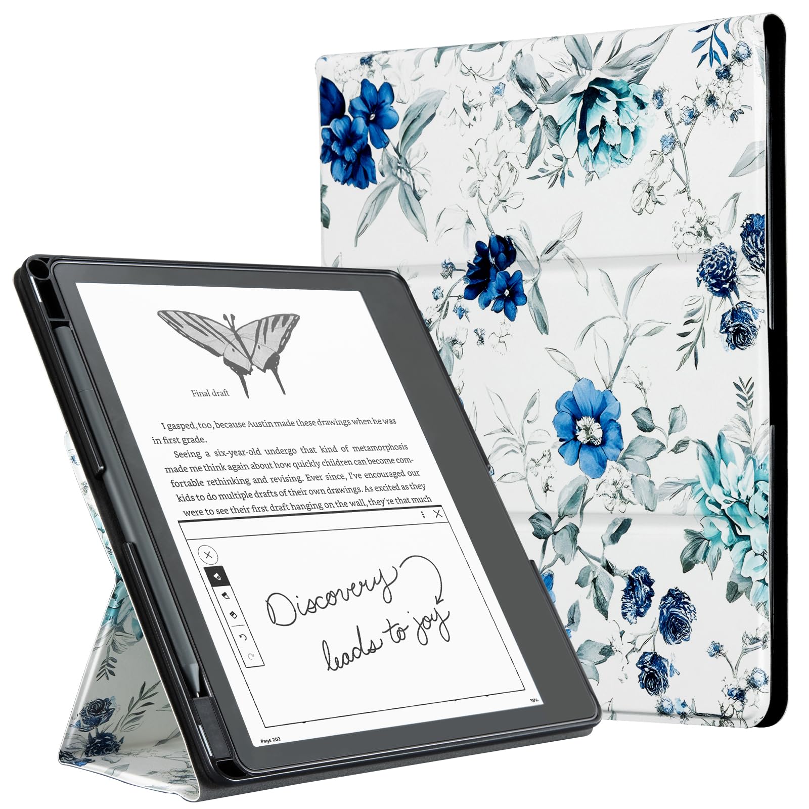 CoBak Tri-fold Case for New Kindle Scribe 2024/2022 Released - Premium Folio Leather Cover with Pen Holder, Auto Sleep/Wake, and Stand Feature Compatible with 10.2" Kindle Scribe, White Blue Flower