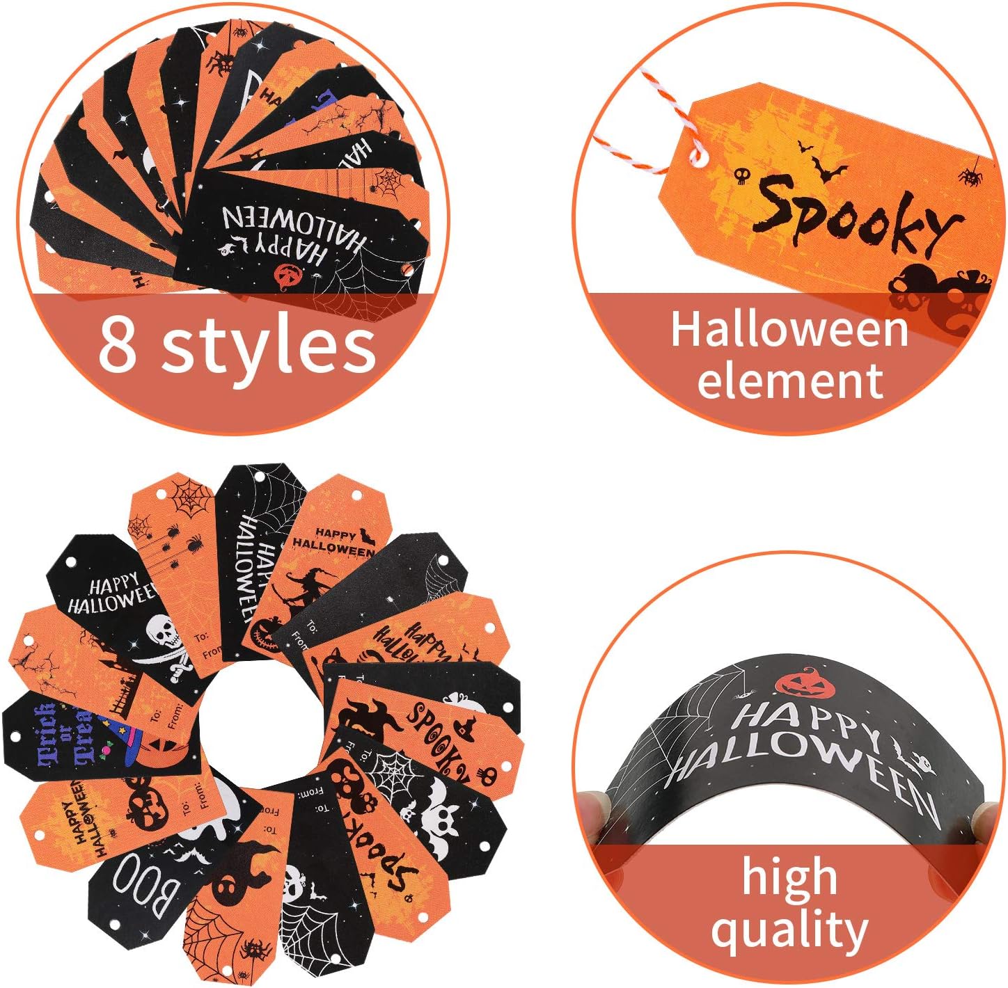 200 Pieces Halloween Paper Tags Trick or Treat Craft Label Tags Hang Labels Name Tags with 16 Feet Cotton Rope for Halloween Party Favor, Candy Bag Hanging Card Name Card Decor, 8 Styles: Health & Personal Care