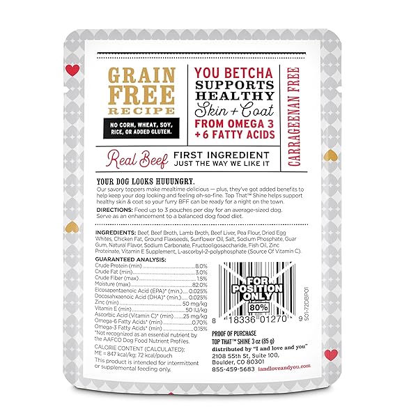 “I AND LOVE AND YOU” TOP THAT SHINE WET DOG FOOD POUCH, BEEF RECIPE IN GRAVY, 3 OZ (PACK OF 12)