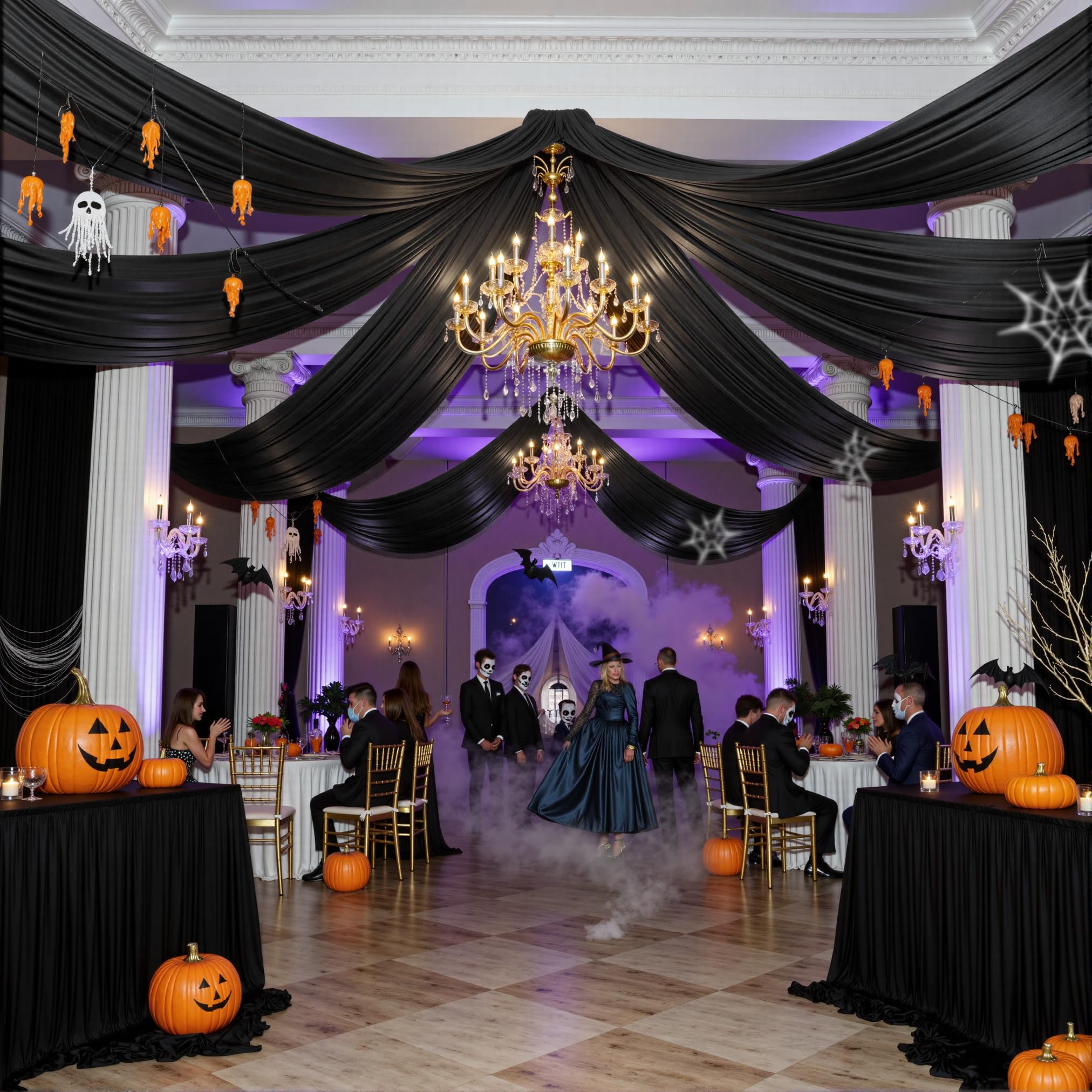 Photo 1 of PartyVillage 4 Panels 5ftx30ft Black Ceiling Drapes for Halloween Parties – 30 FT Extra Long Thick Polyester Wrinkle-Free Drapery Tent Decor Decorations for Birthday Party Ceremony Stage Swag
