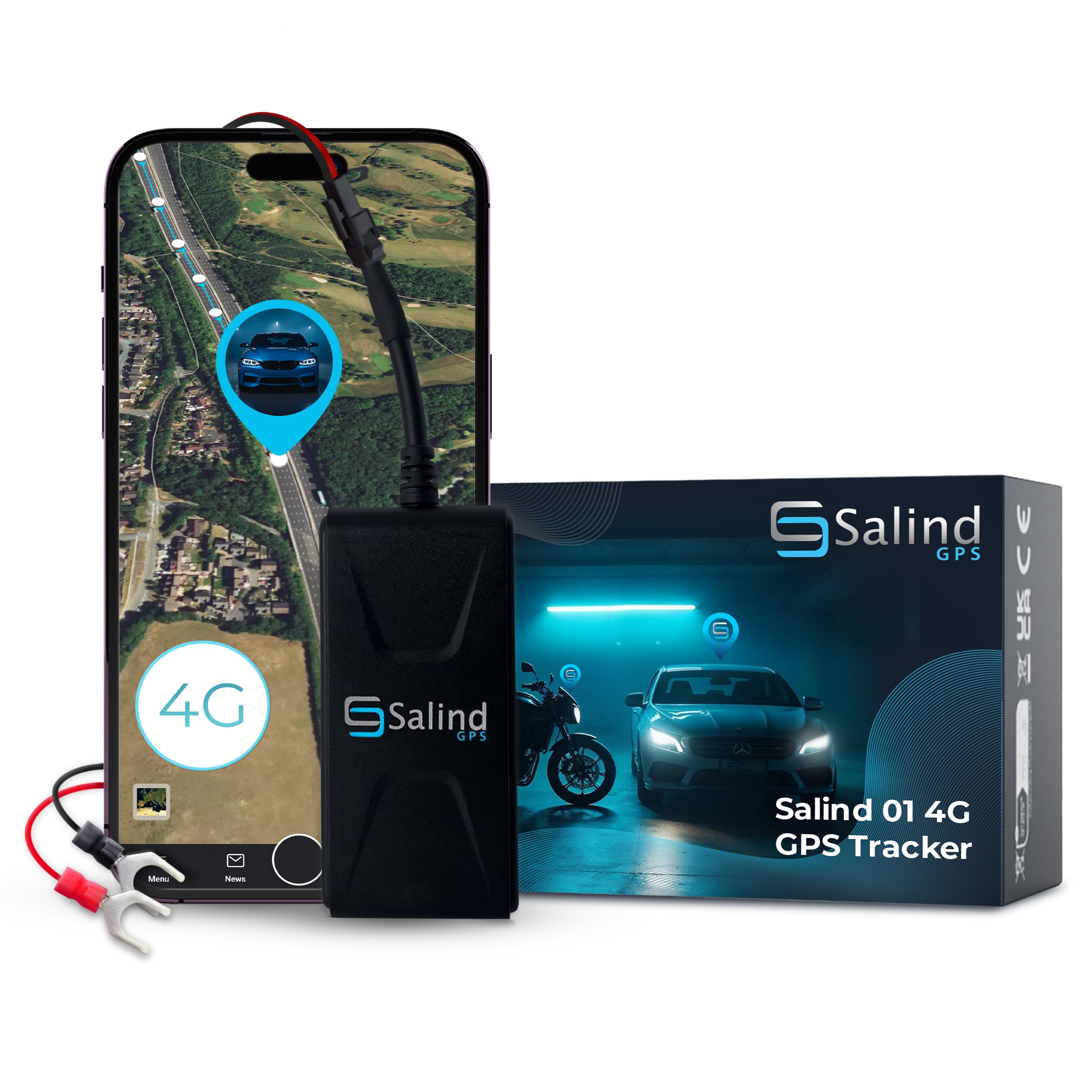 Salind 01 4G - GPS Tracker for Cars, Motorcycles and Other Vehicles - Direct Connection to Battery - UK & Worldwide Real Time Tracking, Route Memory System and Alarms - Wire Length 1.38m