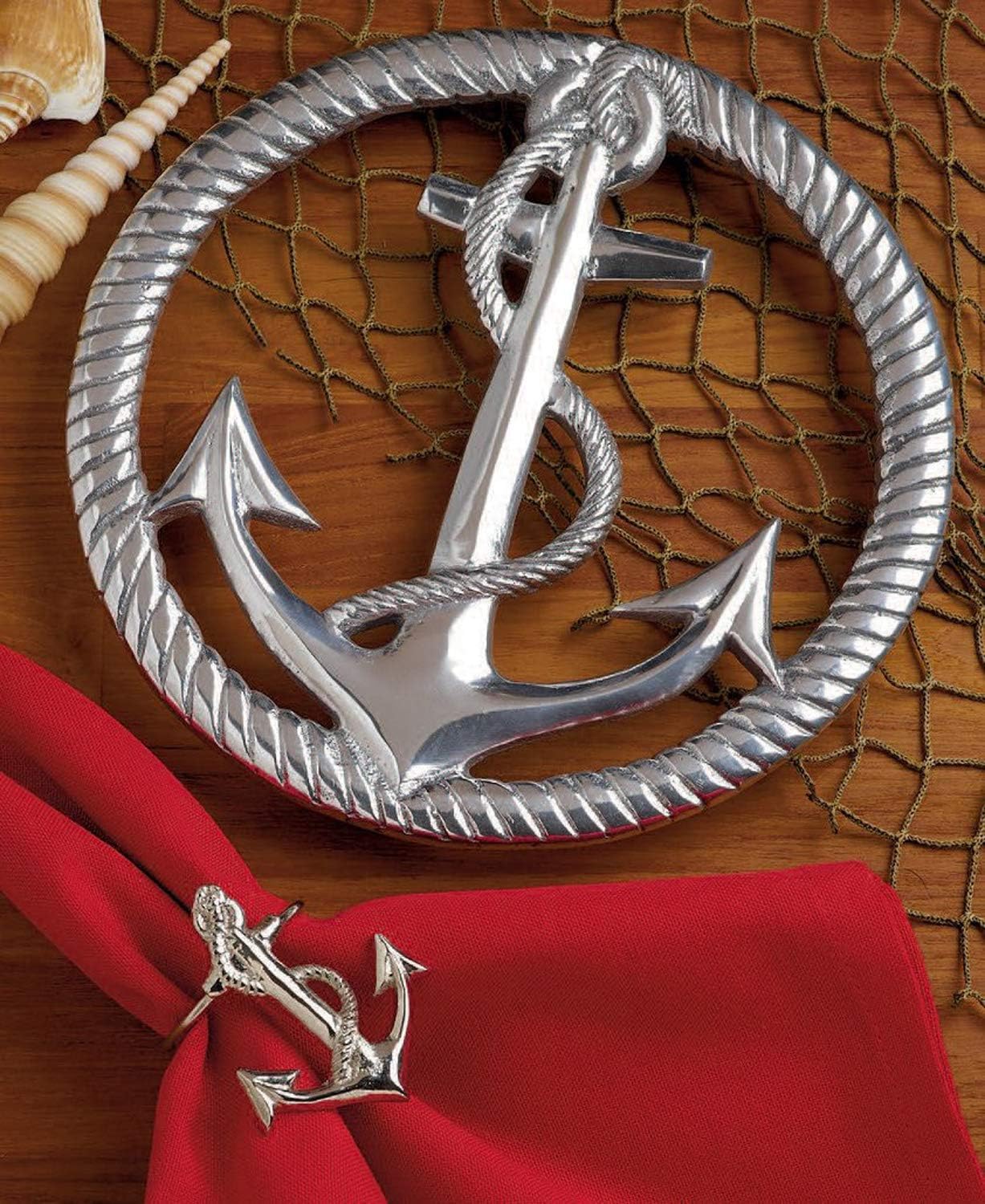 Design Imports Maritime Table Linens, Cast Brass Napkin Rings, Set of 4, Anchor: Home & Kitchen