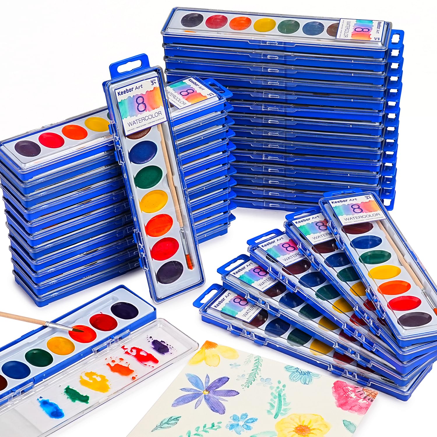 Keebor 8-Color Watercolor Paint Set for Kids, 36 Pack Washable Watercolors Bulk for Party Favors, Gifts, Classroom Supplies (Wooden Paintbrushes Included)