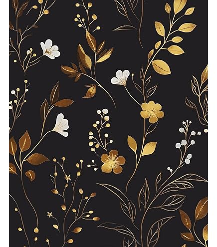 Black Floral Peel And Stick Wallpaper Vintage Boho Gold Leaf Contact Paper Flower Wall Mural Home Vinyl Waterproof Self Adhesive Removable Renter Friendl