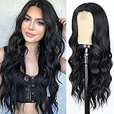 WERD Long Black Wavy Wigs for Women Black Curly Wig with Middle Part Synthetic 26 Inch Natural Looking Black Wig for Daily Party Use