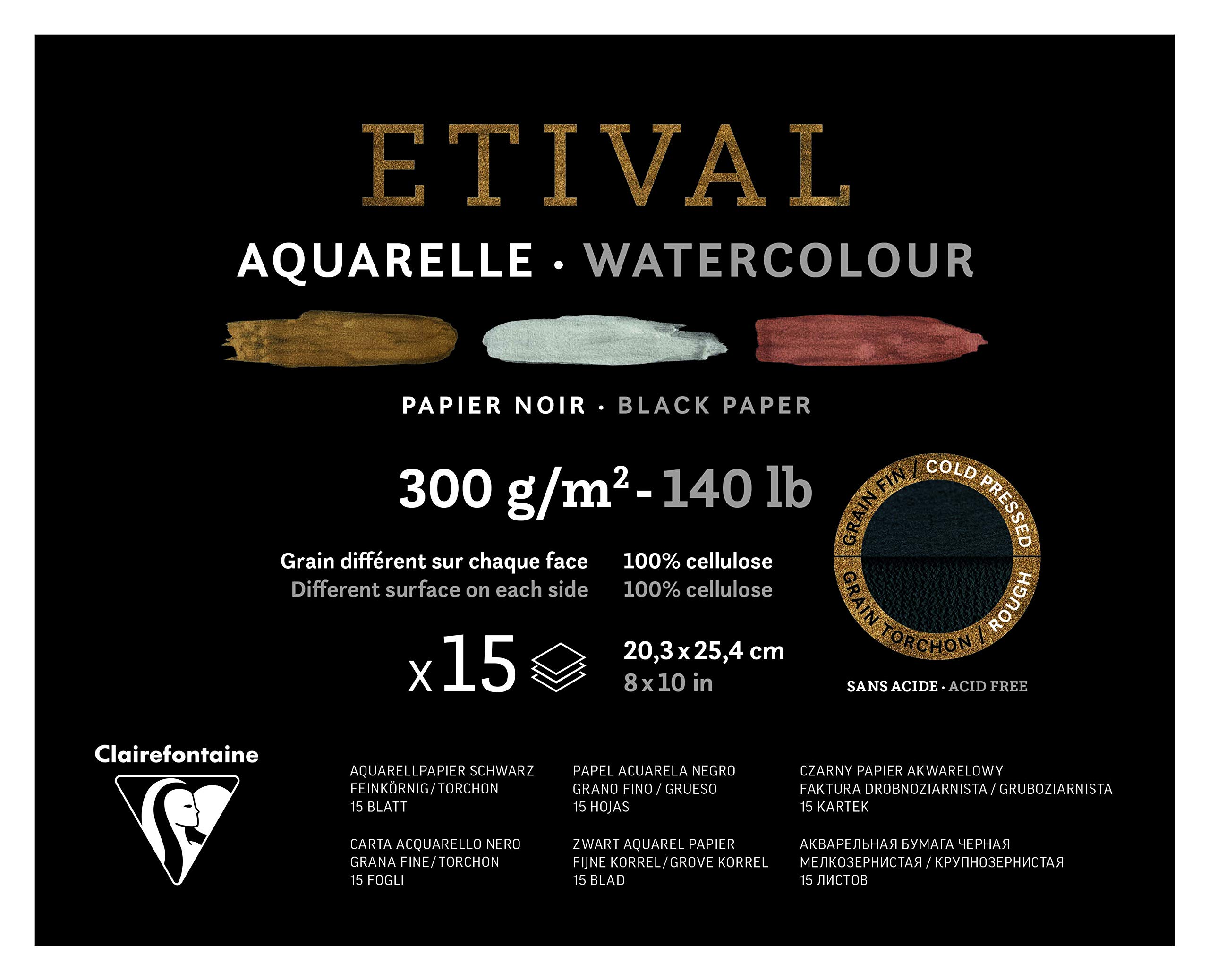 Clairefontaine - Ref 975322C - Etival Cold Pressed Black Watercolour Painting & Drawing Pad (15 Sheets of Paper) - 20.3 x 25.4cm - 300gsm Cellulose Art Paper