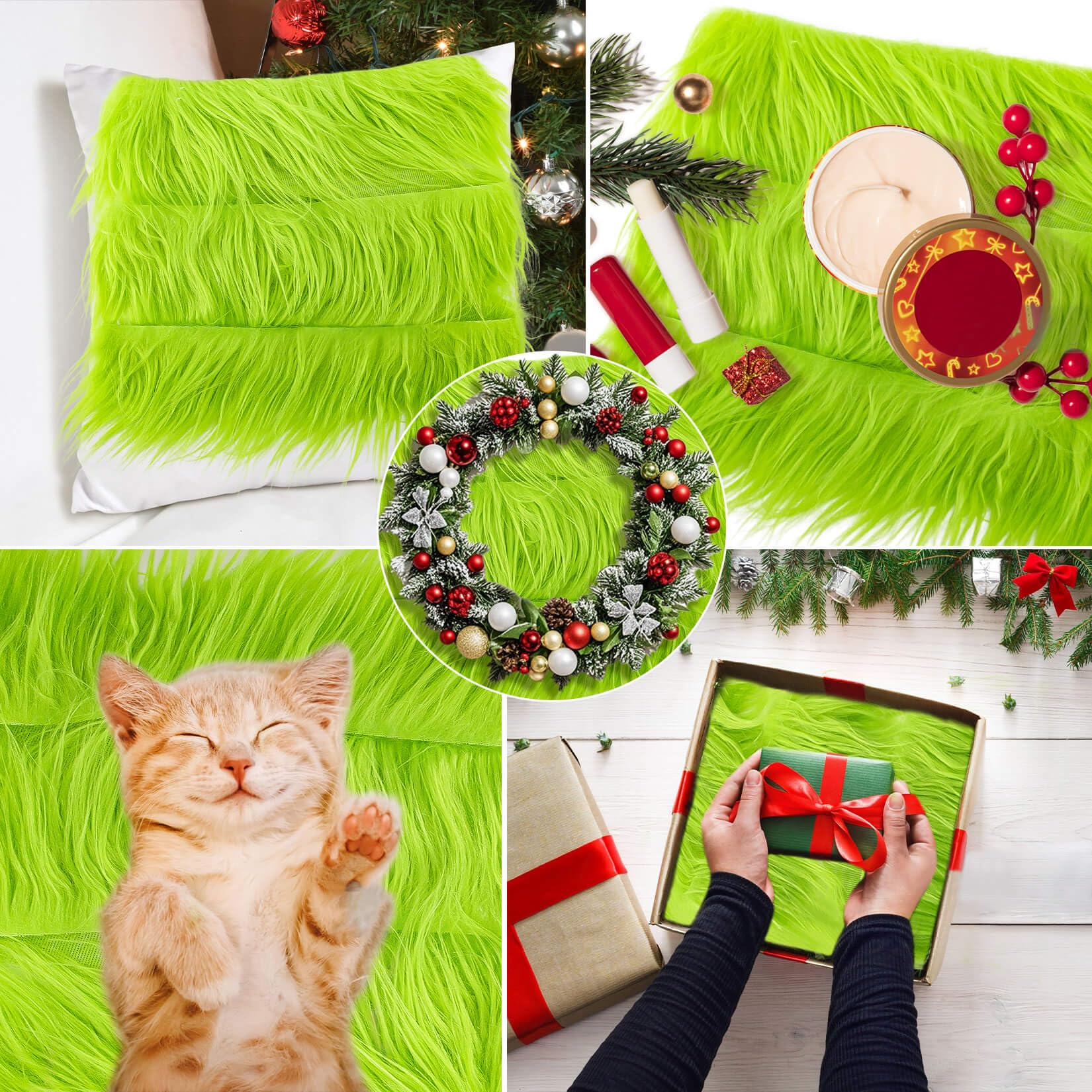 Sukh Shaggy Faux Fur Fabric - 2 x 60 inch Green Faux Fur Trim Precut Fabric Strips Soft Plush Patches for Fuzzy Craft Christmas Tree Trim Gnome Beard Cosplay Costume (1)