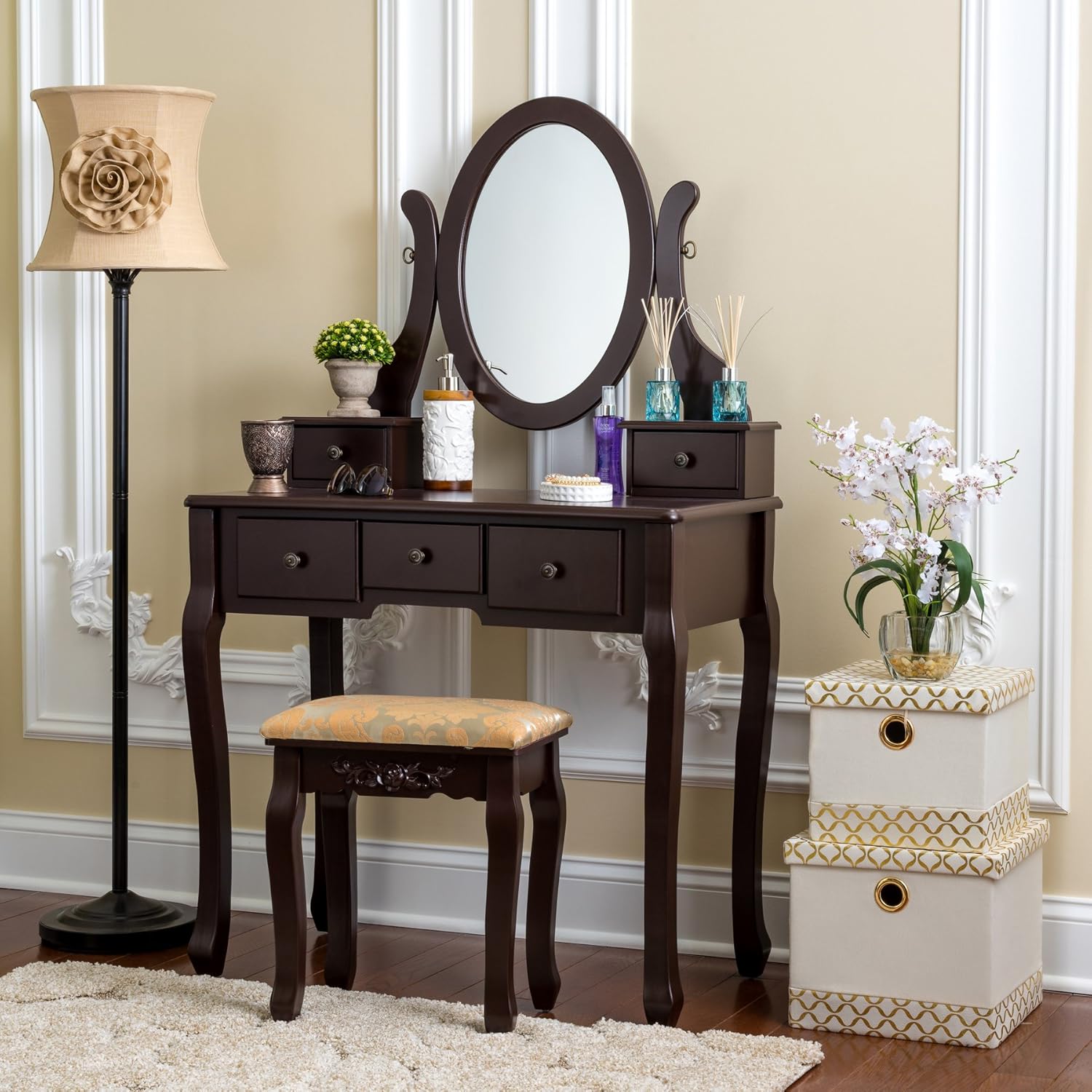 Brown Fineboard Fb Vt07 Bnc Mirror Dressing Table Set Vanity Table With Stool