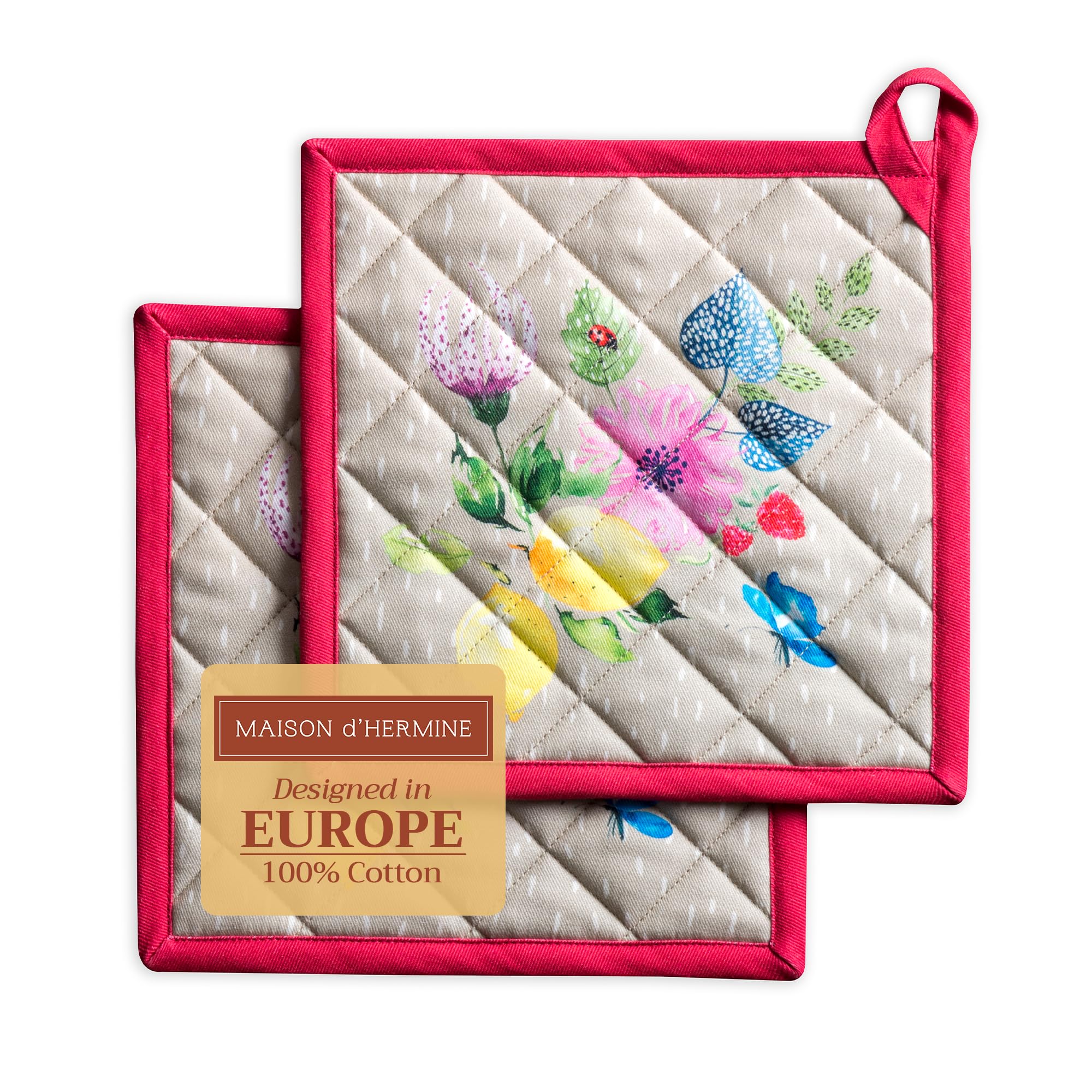 Maison d' Hermine Pot Holders Set 100% Cotton Heat Resistant Potholders 20 cm x 20 cm Hot Pads with Loop for Cooking Baking Handling Hot Pans Gifts for Mothers Day (Pack of 2, Jardin D'Ete - Fog)