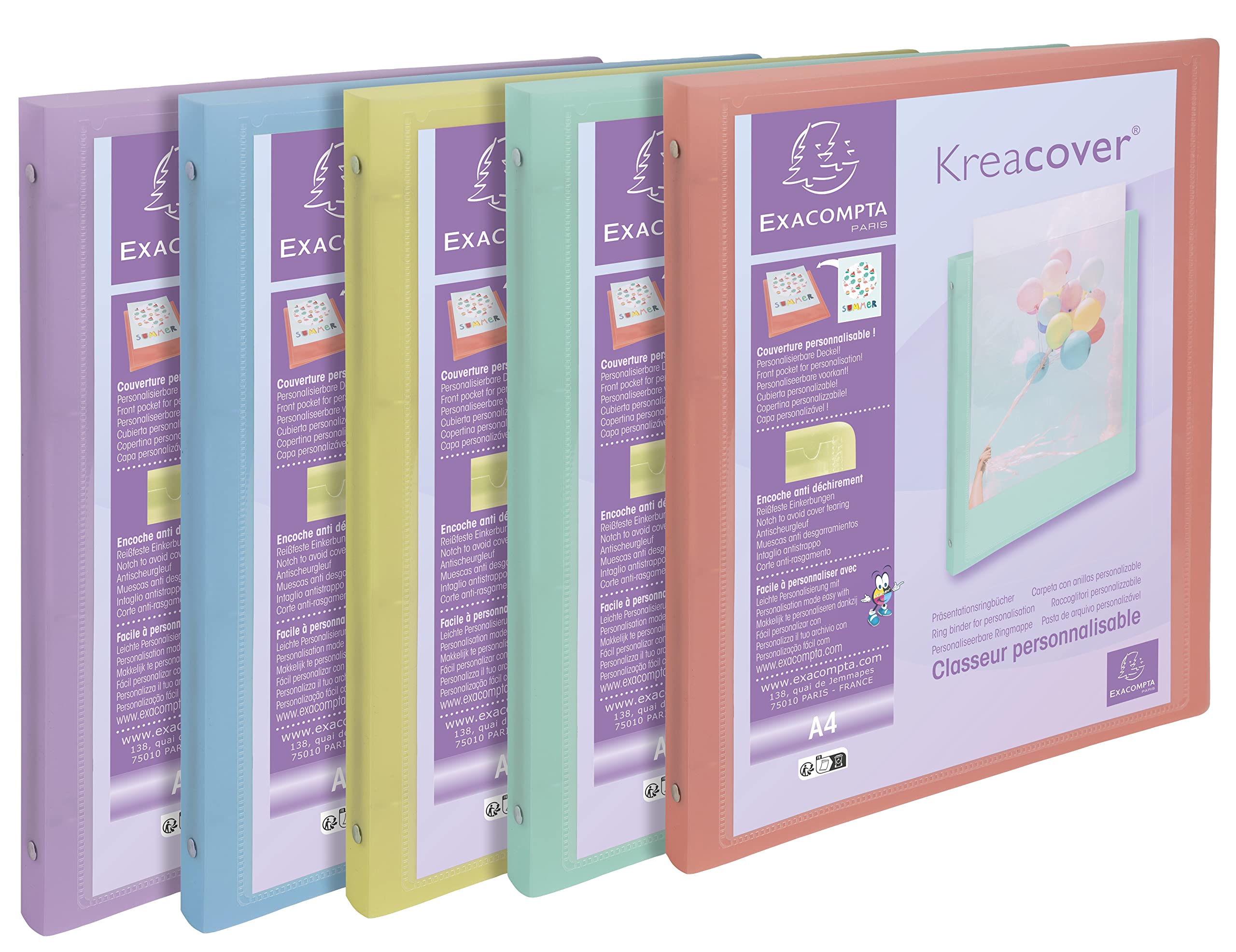 Exacompta - Ref. 51279E - 1 Set of 5 Kreacover Pastel Flexible Binders in Translucent Polypropylene - 4 Round Rings Diam 15 mm - External Size 32 x 25 cm