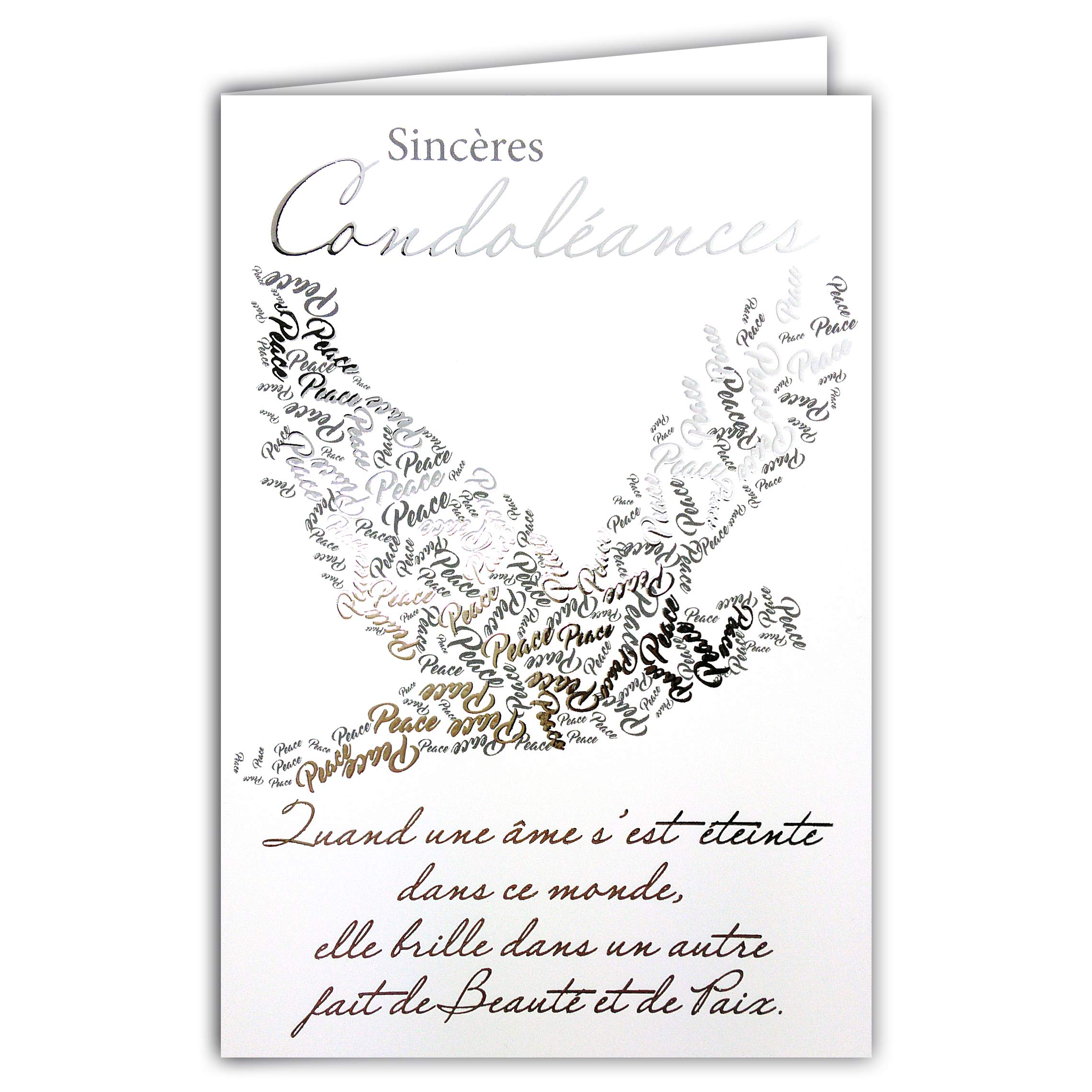64-1074 Sincere Condolence Card with White Envelope - Death and Mourning - Funeral Ceremony - Silver Text Shining Dove Peace Soul - Made in France