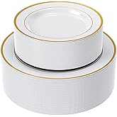 FOCUSLINE Gold Plastic Plates Set of 102, Disposable Heavy Duty 51 Dinner Plates and 51 Dessert Plates, Elegant Fancy Plastic Plate with Gold Rim for Wedding Party Plate
