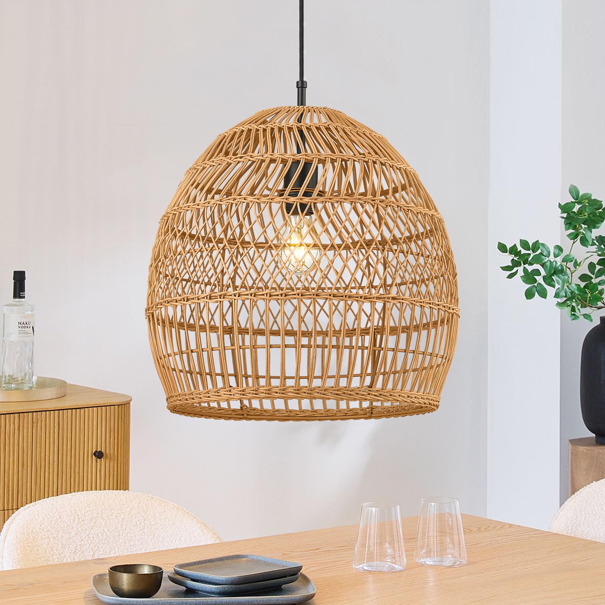 Photo 1 of ELYONA Modern Boho Rattan Chandelier, 16” Large Rustic Wicker Pendant Light Fixtures, Basket Adjustable Hand Woven Hanging Ceiling Lamp for Coastal Kitchen Island Dining Room Living Room Bedroom Foyer