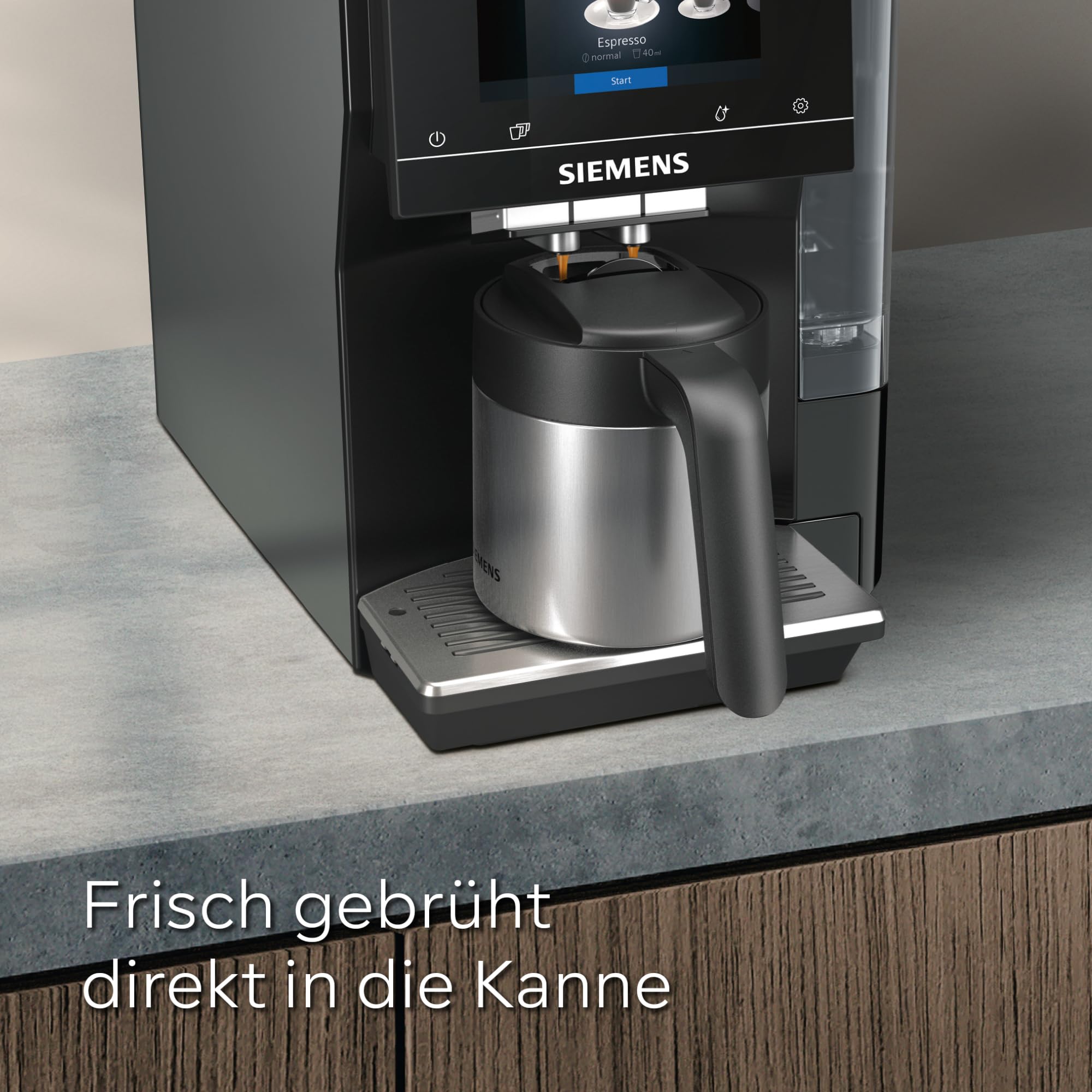 Siemens Thermo-Kaffeekanne TZ40001, direktes Brühen aus dem Kaffeevollautomaten, Warmhaltefunktion, Schiebedeckel, leicht zu reinigen, perfekt für EQ500, EQ700, EQ6 plus und EQ900, 1 L, Edelstahl 4