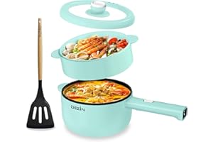 Dezin Hot Pot Electric with Steamer Upgraded, Non-Stick Sauté Pan, Rapid Noodles Electric Pot, 2L Mini Portable Hot Pot for Steak, Egg, Ramen, Oatmeal, Soup with Power Adjustment (Egg Rack Included)