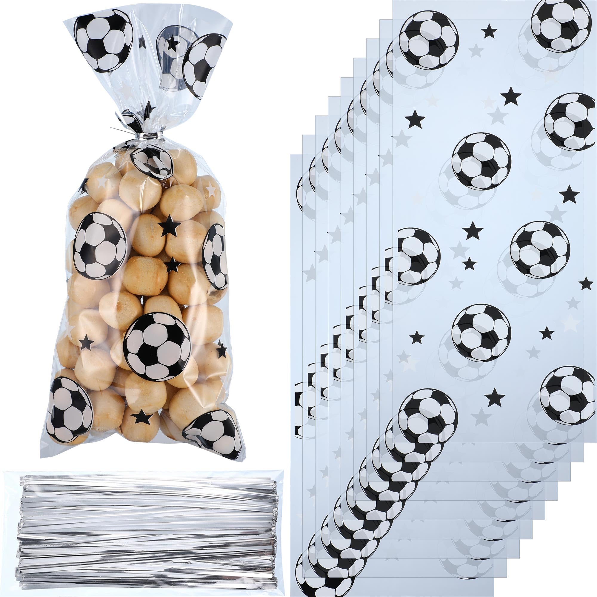 Blulu 100 Pcs Soccer Treat Gift Bags, Soccer Cellophane Party Favors Heat Sealable Football Treat Candy Bags with 100 Pcs Silver Twist Ties