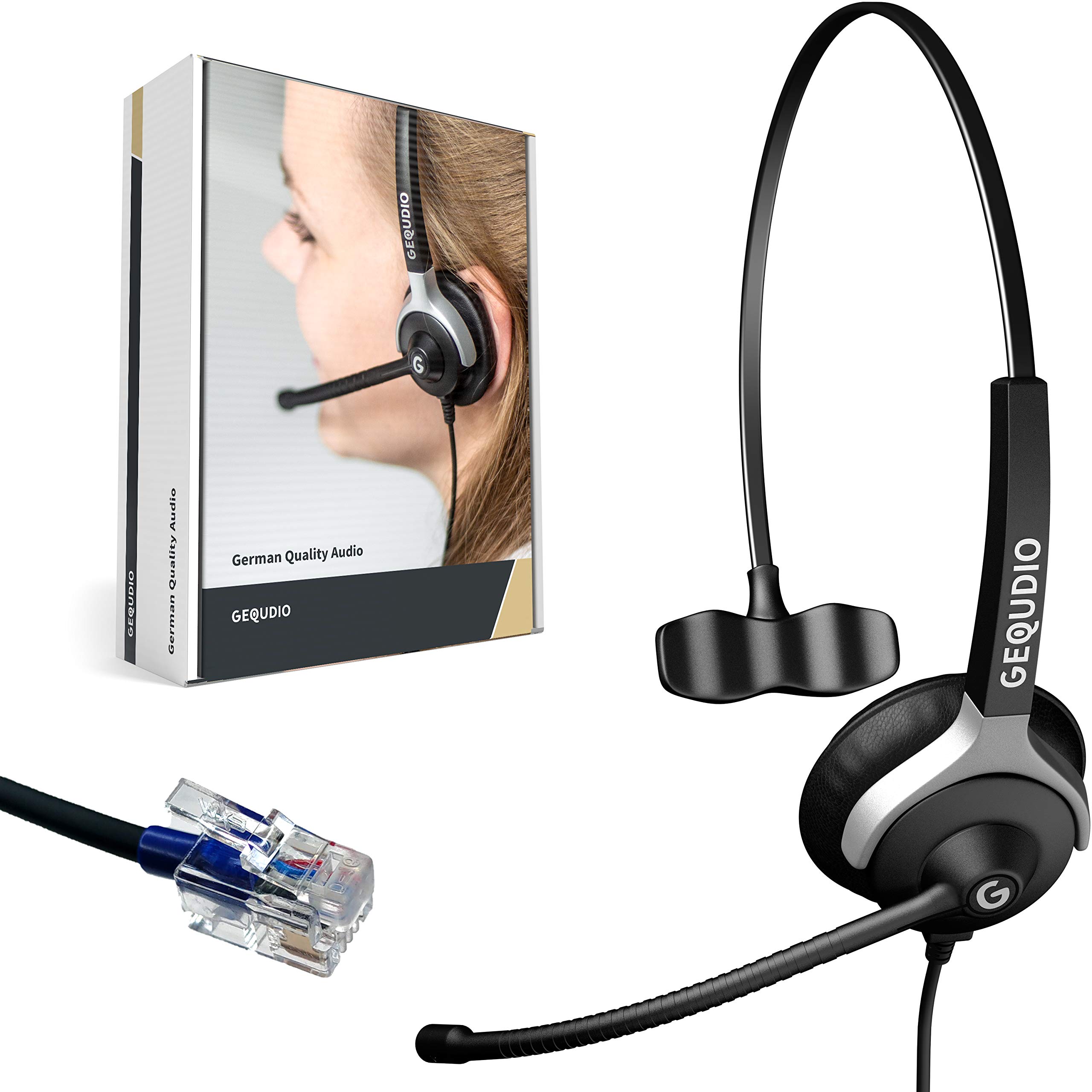 GEQUDIO Headset Compatible with Cisco Telephone - Includes RJ Cable - Headphones and Microphone with Replacement Pad - Flexible Connection Cable - Especially Light 60 g (1-Ear)
