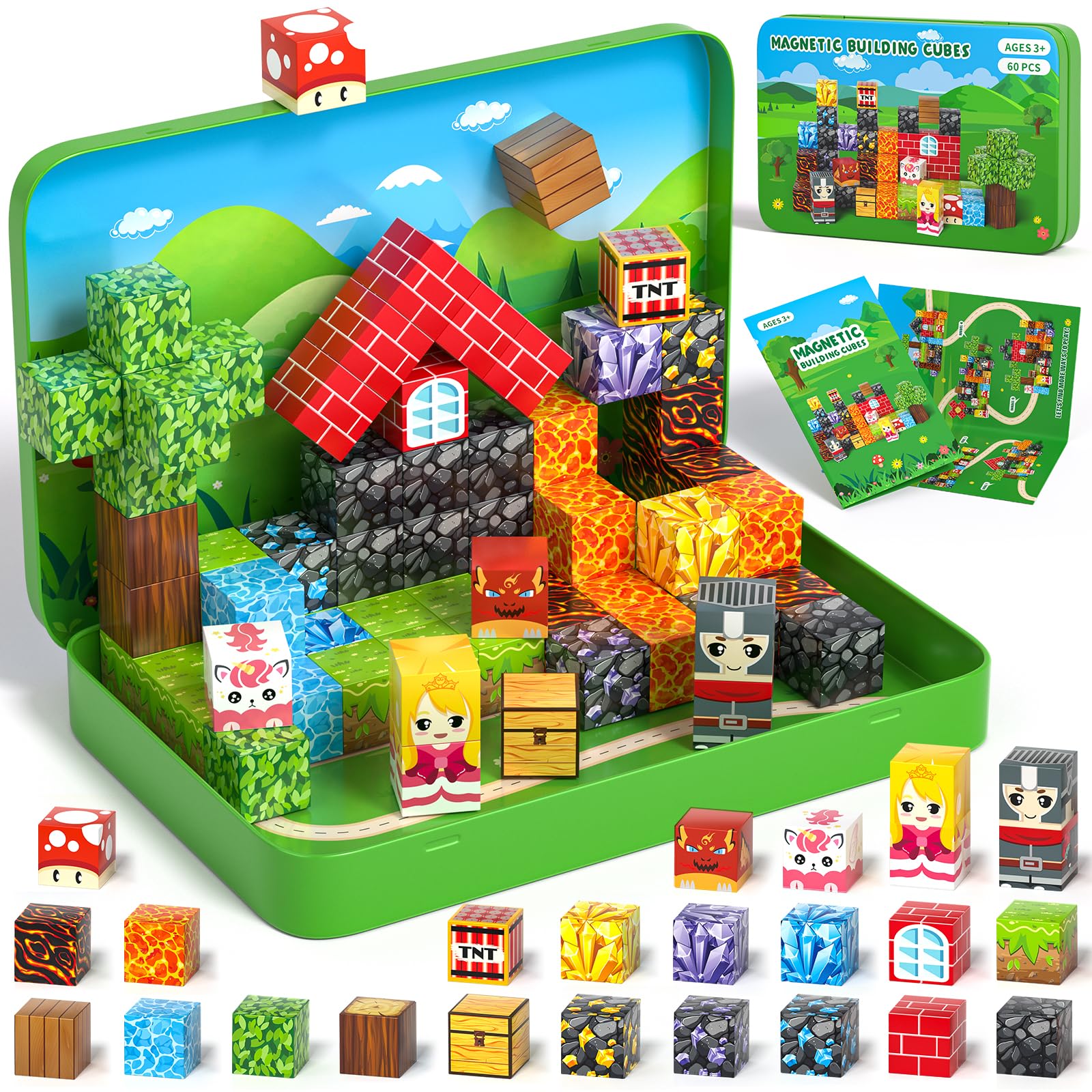 Magnetische Bausteine, 60PCS Reise Magnetic Building Blocks, Magnetisches Reise Spielzeug mit Eisenbox, Kreative Magnetsteine Würfel Spiel Spielzeug Geschenk ab 3 4 5 6 7 8 9+ Jahre Junge Mädchen