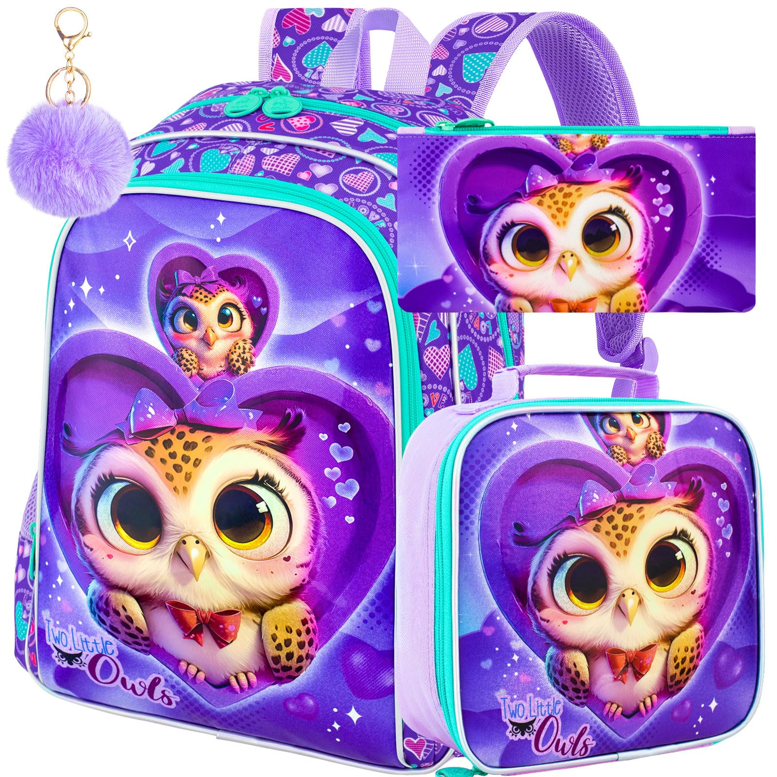 Photo 1 of TXHVO 16" Girls Backpack, 3Pcs Owl School Bookbag with Lunch Box, Kids Backpacks for Elementary Preschool Kindergarten(Purple)