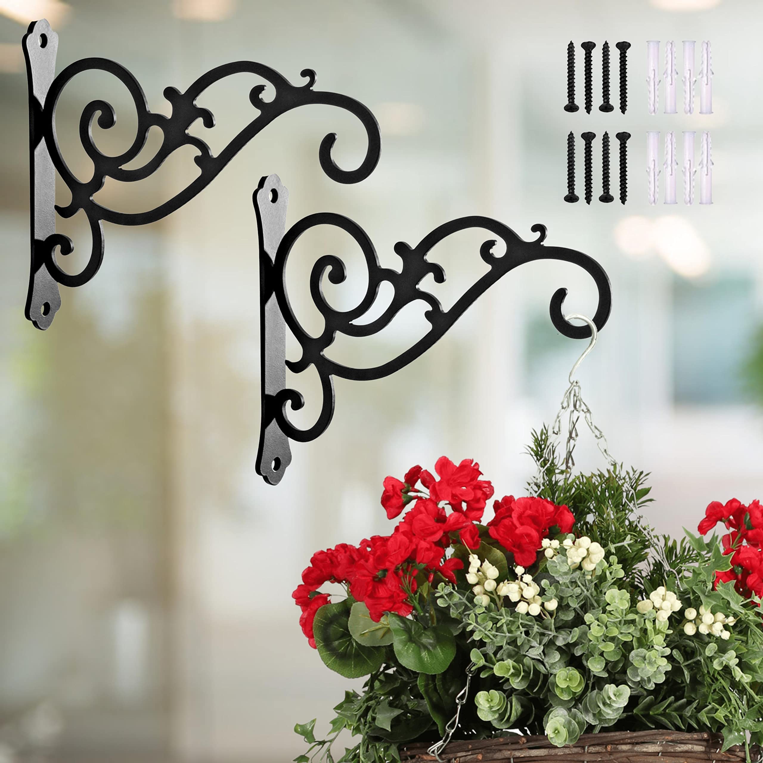 ecofynd 2 Pack Metal Wall Hook Hanging Plant Bracket | Decorative Straight Plant Hanger for Bird Feeders, Planters, Lanterns, Macrame, Wind Chimes Indoor Outdoor, Black