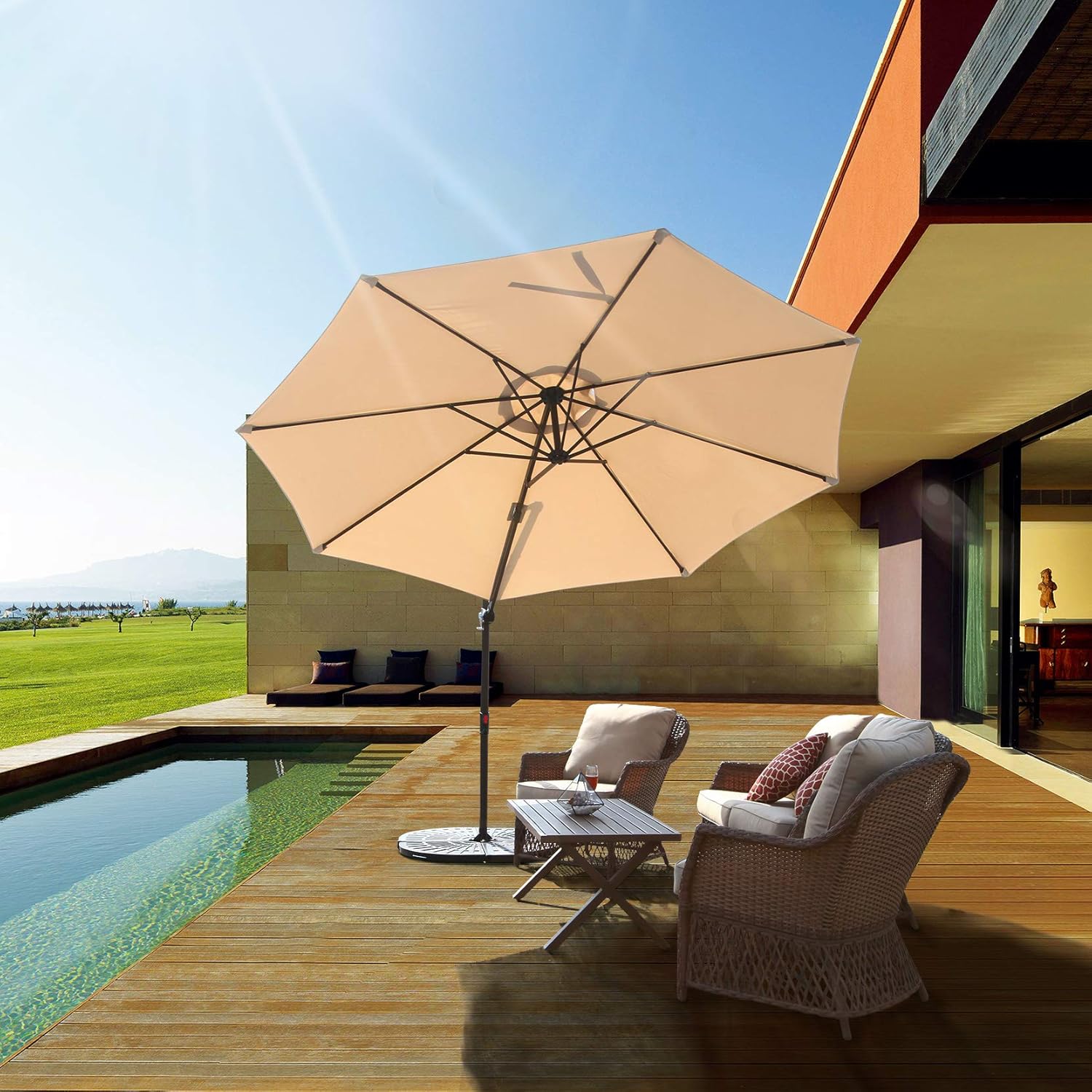 Amazon Com Grand Patio 10 Ft Aluminum Offset Umbrella Uv Protected Patio Cantilever Umbrella With Tilt And 360 Rotation Champagne Garden Outdoor