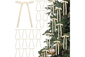 Glitinsel 24 Pcs Velvet Bows Christmas Tree Ornaments Vintage Velvet Ribbon Bows for Tree Garland Wreath Indoor Xmas Decorations(5 x 7 Inch, Width of 3/8",Beige)