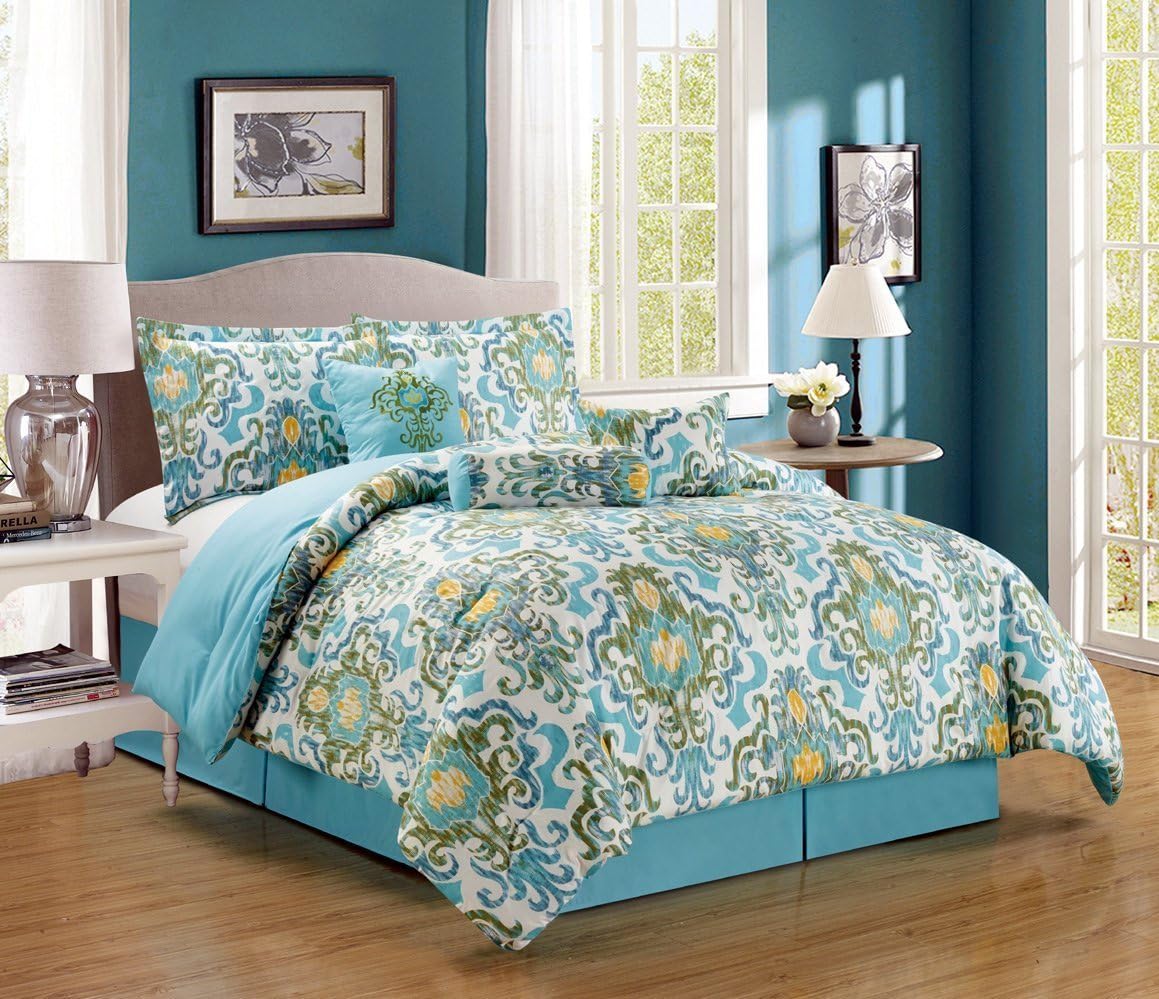 7 Piece Oversize Fine Printed Designer Comforter Set Queen Bedding Incl Matching Pillows Turquoise Blue White Green Yellow Home Kitchen Amazon Com