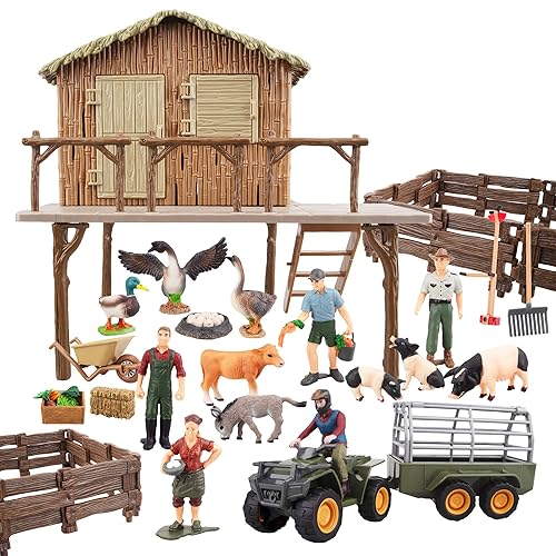 Toymany 54PCS Big Farm Animals Figurines Toy with Barn House Motorcycle