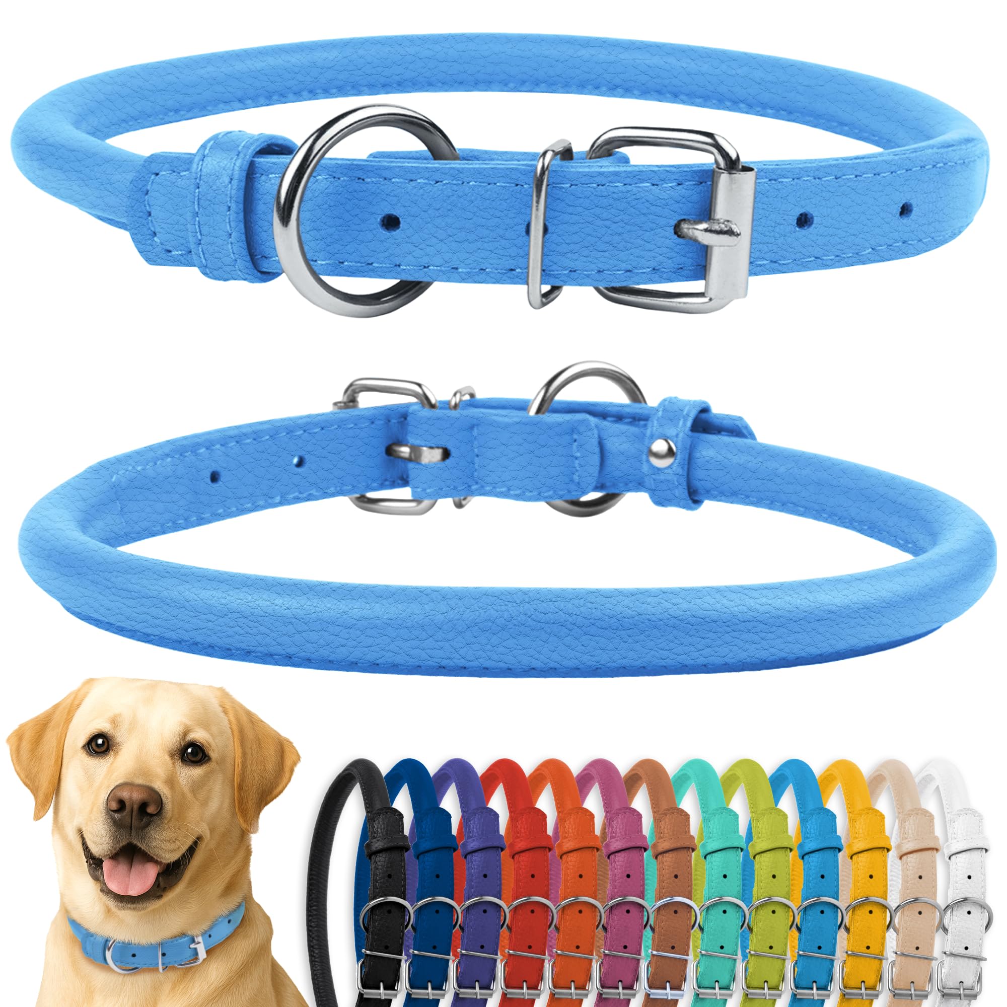 Photo 1 of CollarDirect Rolled Leather Dog Collar, Soft Padded Round Puppy Collar, Handmade Genuine Leather Collar Dog Small Large Cat Collars 13 Colors (15-19 Inch, Light Blue Textured)