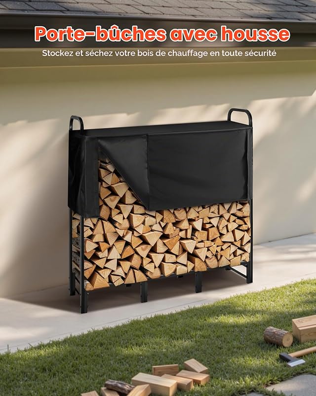 Support à bois de chauffage avec housse imperméable, range-bûches extérieur en métal, 1220 x 320 x 1180 mm, charge maximale 181,4 kg, couverture partielle, thermolaqué, pour terrasse, vérandas
