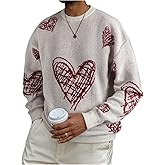 BEAUDRM Men's Heart Graphic Sweater Crew Neck Long Sleeve Pullover Jumper Tops Streetwear
