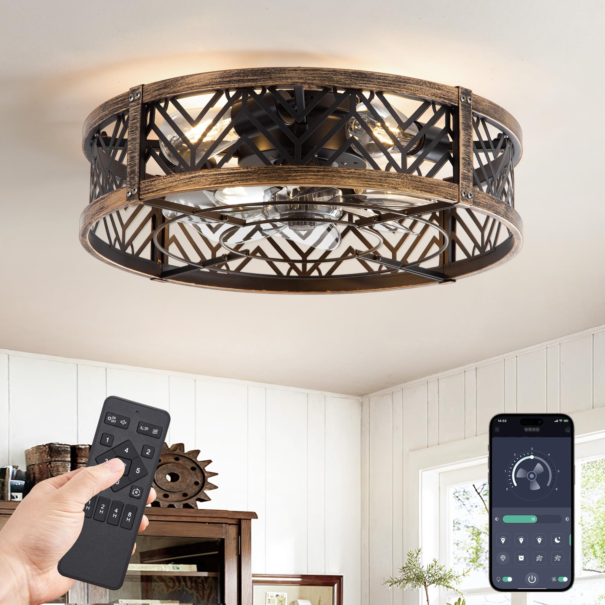 Photo 1 of LEDIARY 20" Caged Ceiling Fan with Light, Small Flush Mount, App&Remote Control, Low Profile Bladeless Fan Light Fixture 6 Speed, Reversible and Quiet Motor-Black Gold