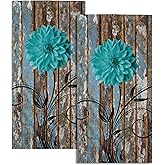Farmhouse Flower Floral Bathroom Hand Towel Set of 2, Rustic Teal Turquoise Dahlia Fingertip Towel Country Blue Wild Garden Plant Decorative Soft Highly Absorbent Bath Towels for Home Hotel Gym Spa
