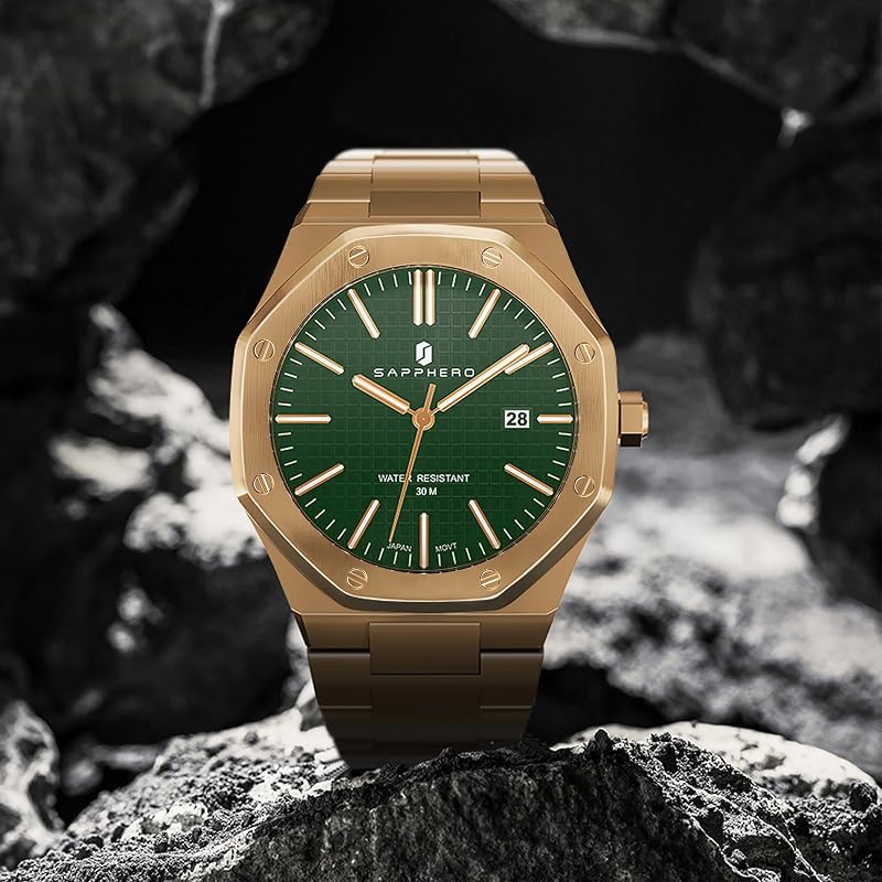 Montre Homme Quartz Argent Acier Inoxydable Bracelet 50M Etanche Date Calendrier Noir Bleu Montre Cadeaux pour Hommes,Vert-Or — photo 4 sur 8