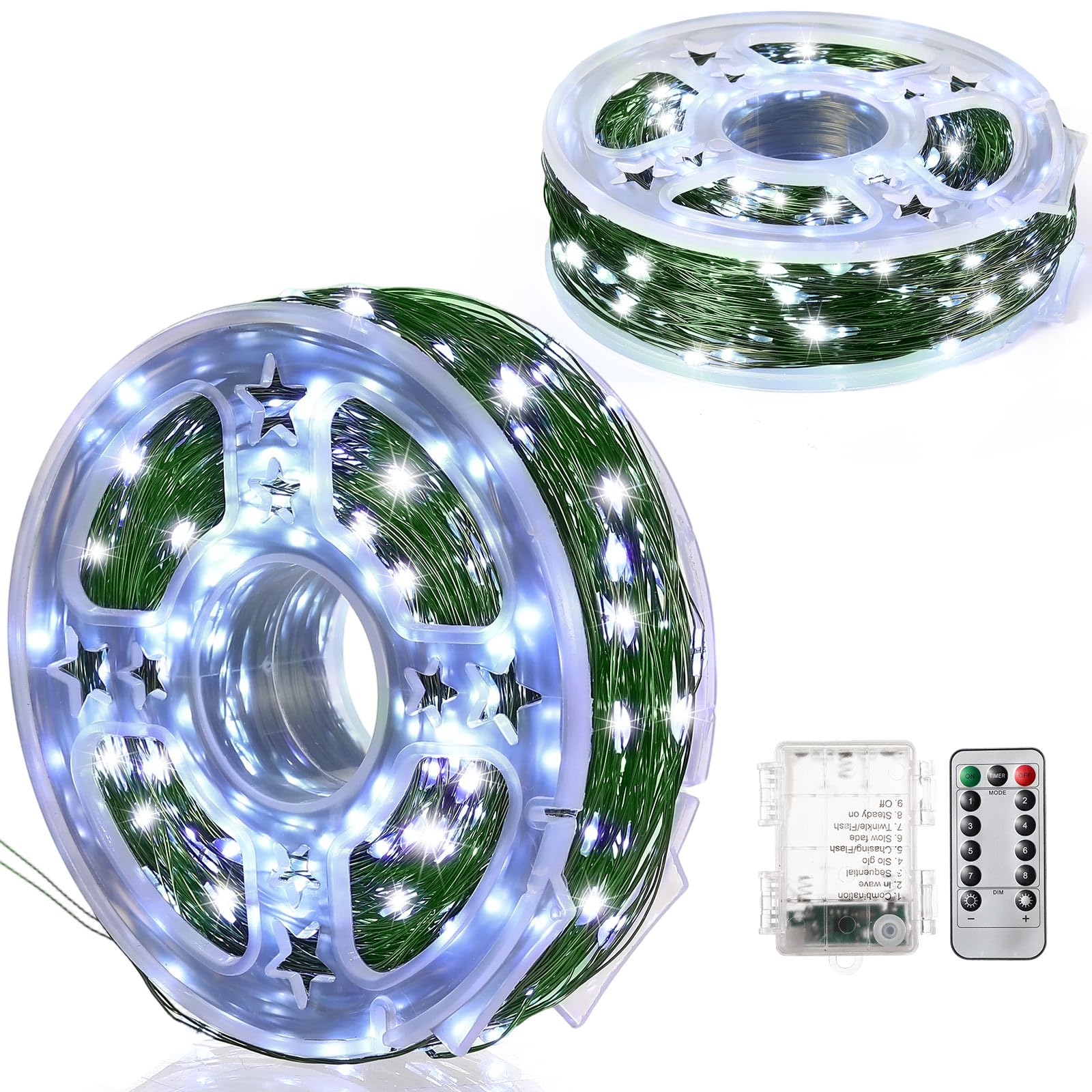 Photo 1 of Remagr 2 Pack Christmas Fairy String Lights Battery Operated Green Wire LED Waterproof String Lights with Remote 8 Modes for Christmas Tree Patio Garden Backyard Home Indoor Outdoor (100ft,Cold White)