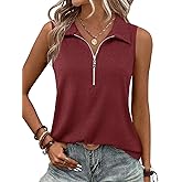 Imily Bela Women's Summer Sleeveless Tank Tops Zipper V Neck Ribbed Dressy Casual Blouses Loose Business Polo Shirts