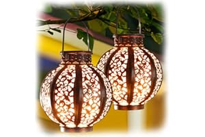 MAGGIFT 2 Pack Hanging Solar Lights,Outdoor Ramadan Solar Lanterns Decorations,Waterproof Hanging Solar Light 6 Lumens,Brown