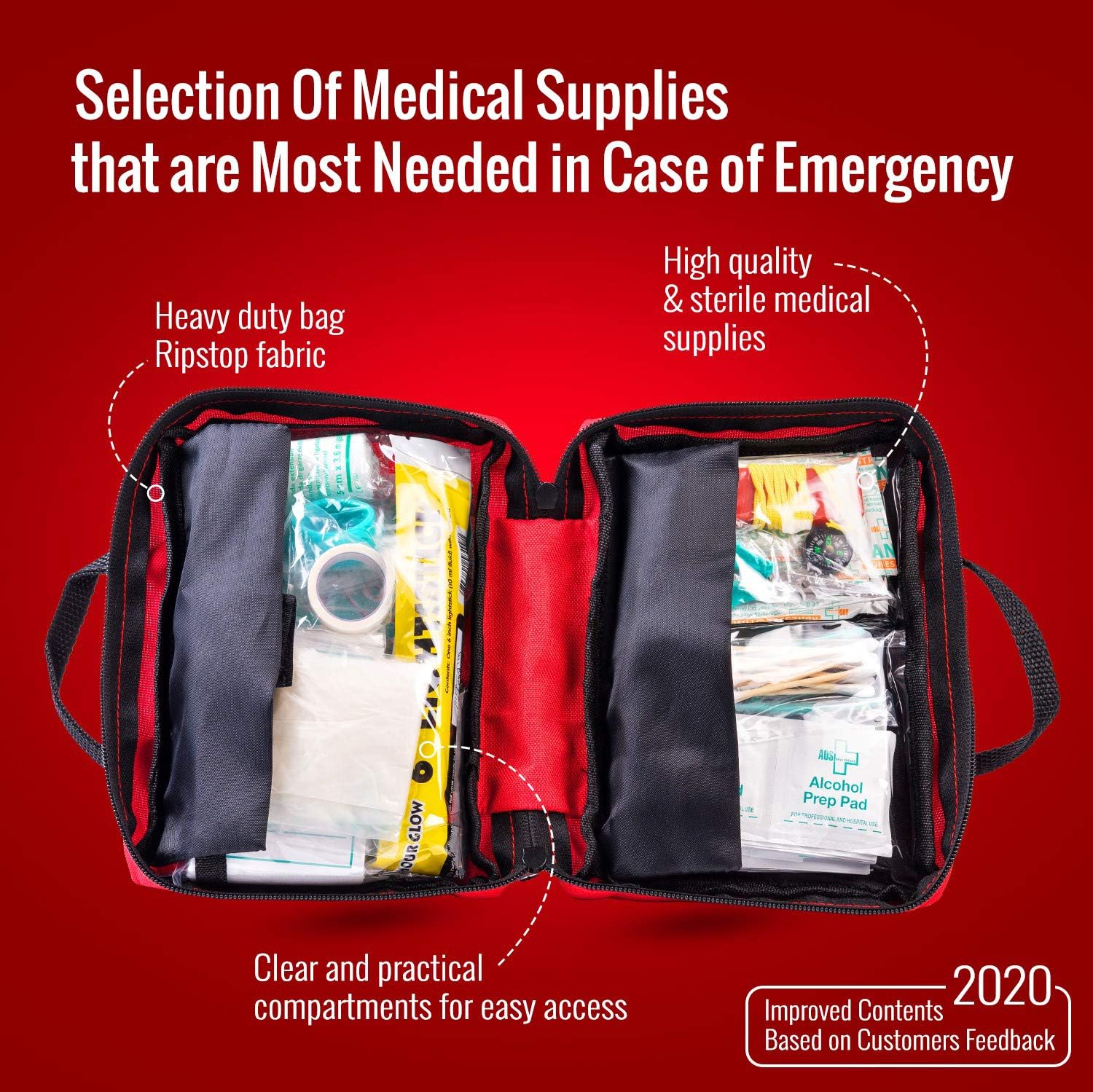 First Aid Kit - 160 Piece - for Car, Travel, Camping, Home, Office, Sports, Survival | Complete Emergency Bag Fully stocked with Medical Supplies: Health & Personal Care