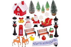 QAUYETM 24 Pcs Christmas Figurines Village Accessories Christmas Miniature Resin Figurines Mini Pine Trees Elks Street Lights with Cobblestone Snow Mat Street for DIY Xmas Town Village Fairy Garden Display