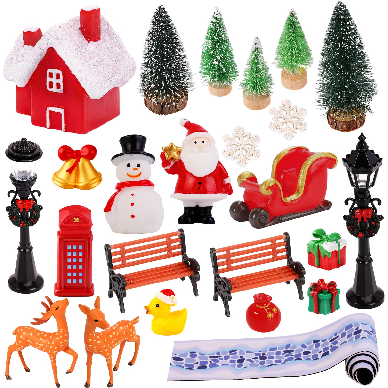 View 1 of 24 Pcs Christmas Figurines Village Accessories Christmas Miniature Resin Figurines Mini Pine Trees Elks Street Lights with Cobblestone Snow Mat Street for DIY Xmas Town Village Fairy Garden Display
