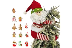 YZYVIOW Santa Claus Christmas Tree Topper Decorations, Xmas Plush Stuffed Santa Treetop with 12 Pcs Ginger Hanging Ornaments for Christmas Tree Wine Bottle Curtain Ornaments