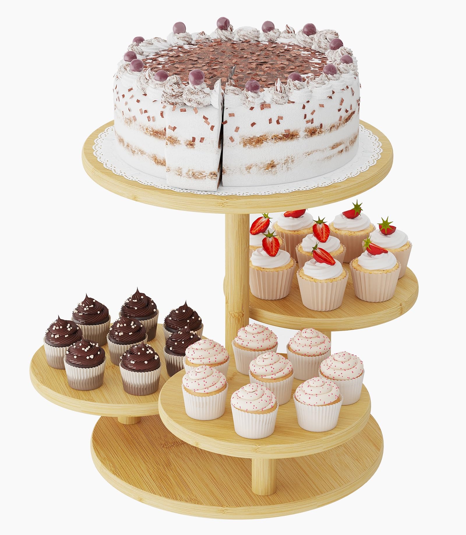 Photo 1 of Vriccc Cupcake Stand, 4 Tier Round Bamboo Wood Cupcake Tower Stand for 50 Cupcakes, Tiered Serving Trays, Wood Cake and Cupcake Stand (Natural_Bamboo)