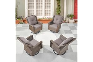 Bellefurn Patio Furniture Set 4PCS Swivel Glider Chairs with Chrysanthemum Armest and 2 Grey Cushions Brown Rattan Patio Swivel Chairs Set for Garden Balcony Backyard Sunroom Poolside