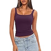 Darong Womens Square Neck Tank Tops Cute Double Layer Seamless Workout Tops Summer Sleeveless Shirts 9208 Dark Purple XS