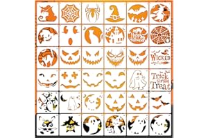 MYJMN Halloween Pumpkin Stencils for Painting Pumpkins Reusable Ghost Face Paint Templates on Wood Glass Crafts Cookie Baking Door Hanger Sign Decorating (face36)